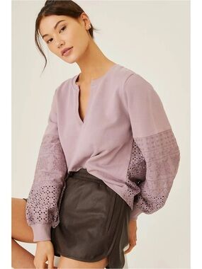 Anthropologie Lavender Eyelet Balloon-Sleeve Pullover